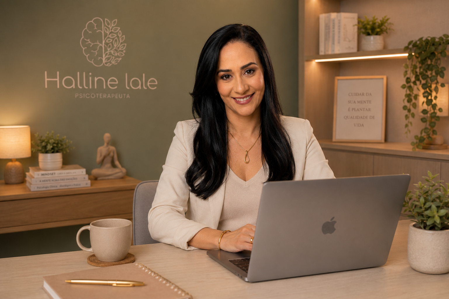 Halline Iale Barros Henriques, psicóloga clínica e psicoterapeuta, em seu espaço de atendimento